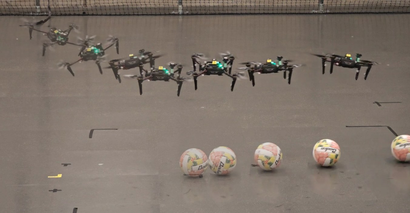 Composite of a quadrotor flying over a row of volleyballs, which it pushes along the floor with its propeller downwash.